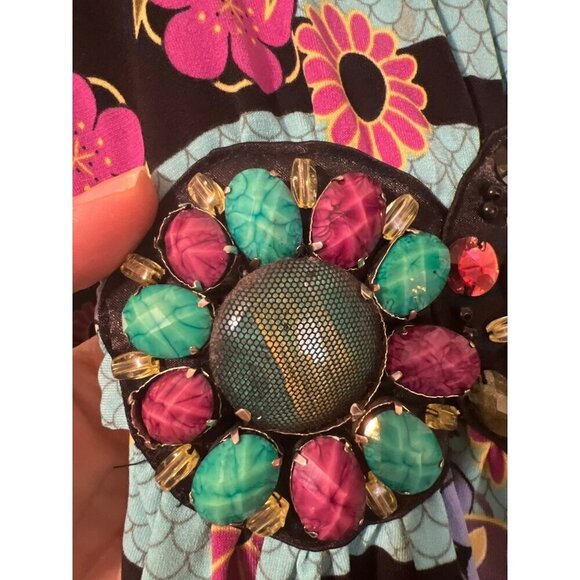 Women Blouse Wearable Art Sz XL Beaded Jewel Tone Blouse with Tie Waist - Picture 3 of 5